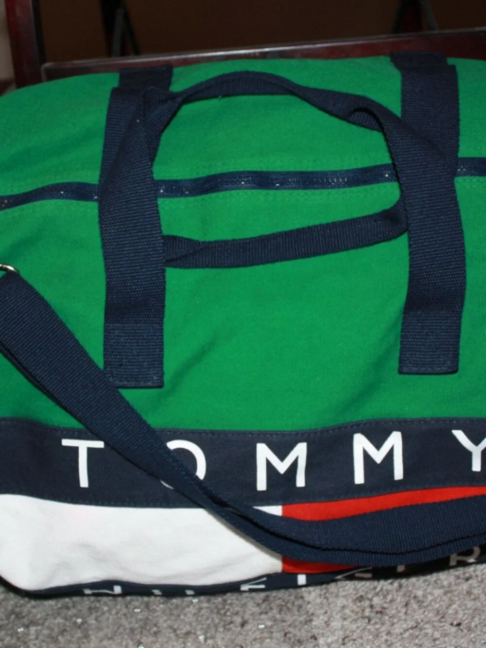 Tommy Hilfiger, Barrel Style gym tote. Green, red, white and blue